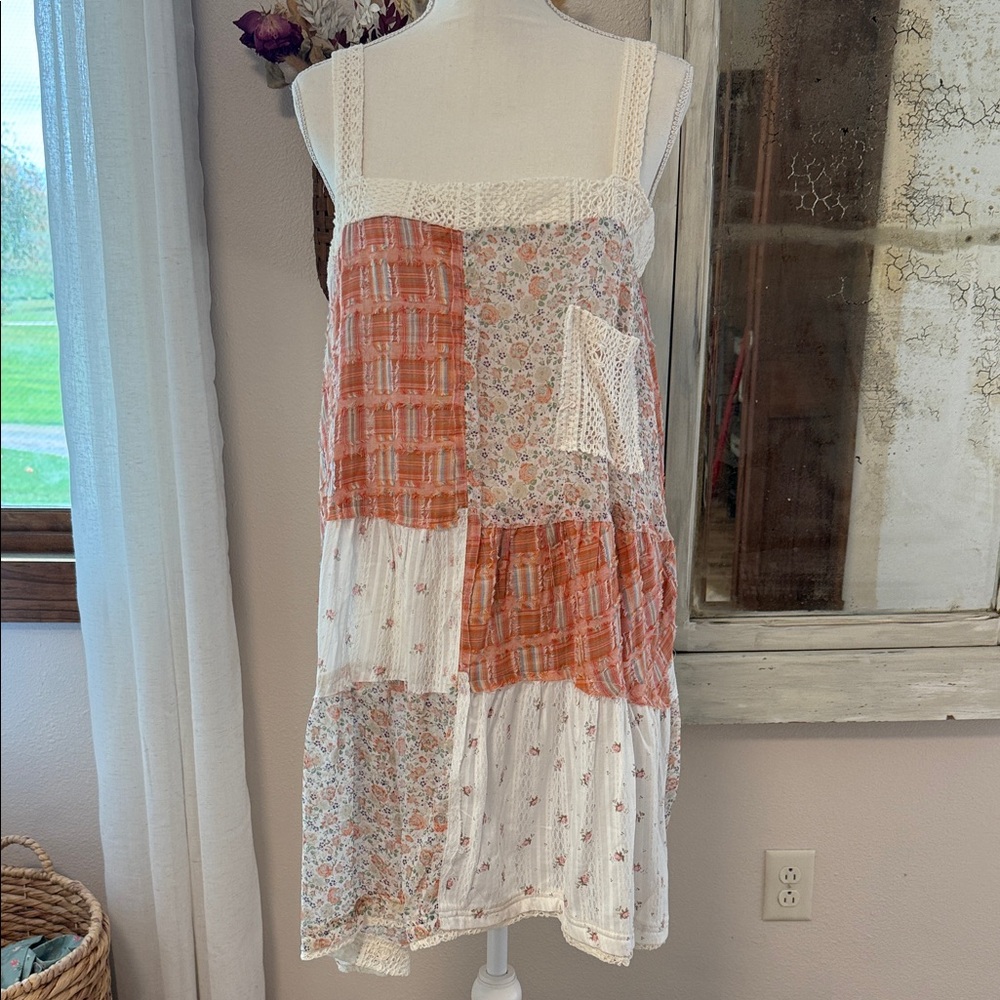POL Patchwork Dress in Orange and White